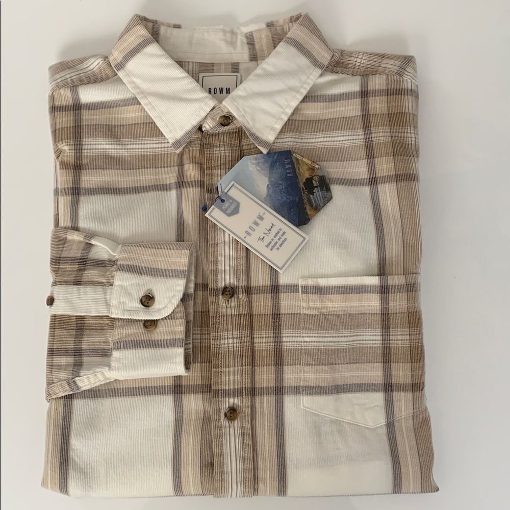 NWT Rowm Men's Tan /White Plaid Cotton Button Down Shirt Size L